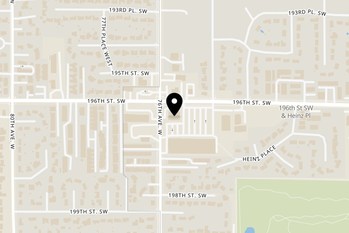 Map showing the location of B Thai Cuisine on 7528 196th Street Southwest in Lynnwood